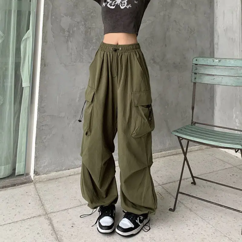 Women Casual Baggy Cargo Pants Solid Low Waist Joggers Tech Pants Drawstring Wide Leg Baggy Trousers Y2K Streetwear Sweatpants - Image 4