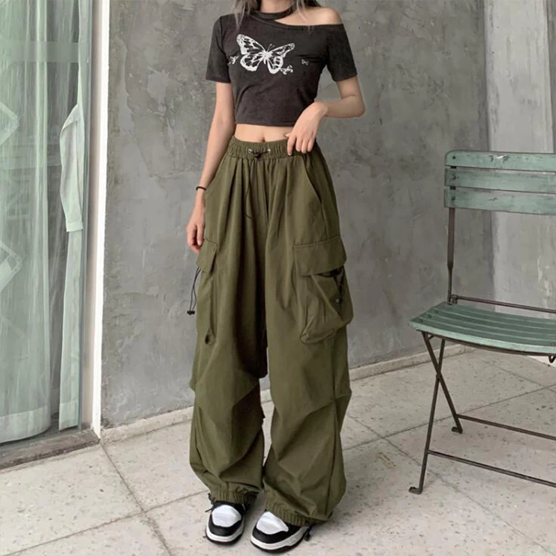 Women Casual Baggy Cargo Pants Solid Low Waist Joggers Tech Pants Drawstring Wide Leg Baggy Trousers Y2K Streetwear Sweatpants - Image 3