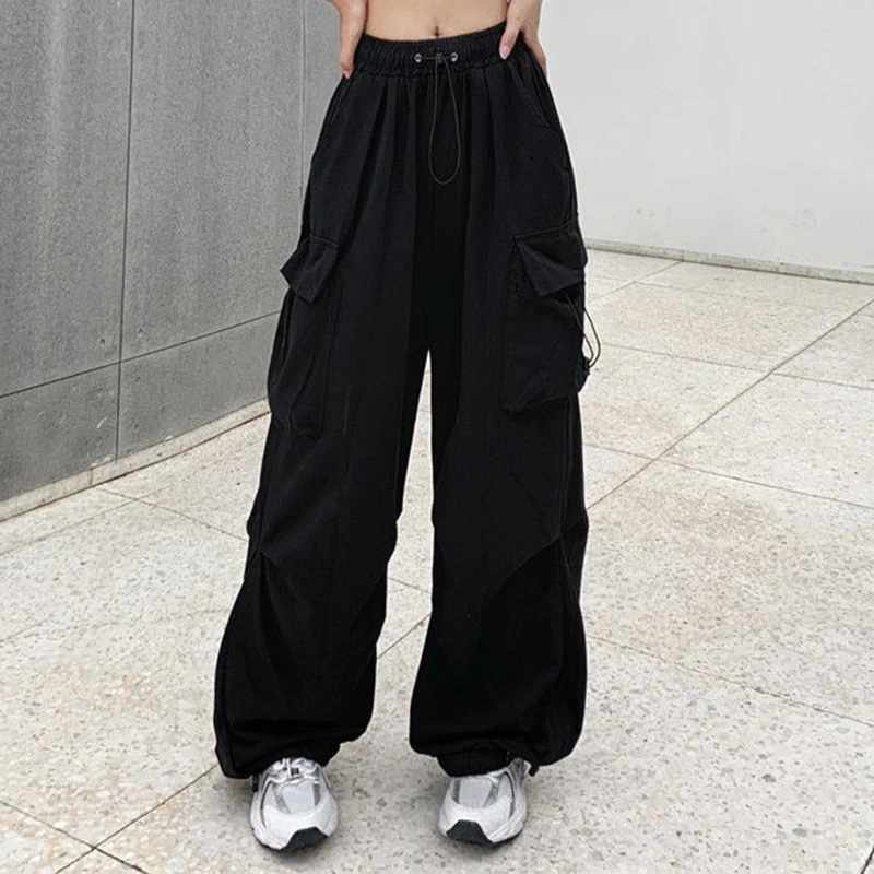 Women Casual Baggy Cargo Pants Solid Low Waist Joggers Tech Pants Drawstring Wide Leg Baggy Trousers Y2K Streetwear Sweatpants - Image 2