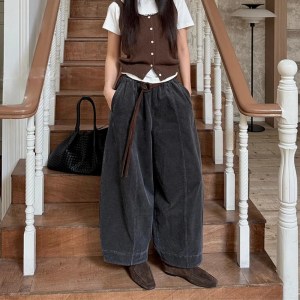 Japanese Harajuku Oversized Corduroy Trousers Women Retro Wide Leg Pant Solid Color Fashion Lace-Up Woman's Pants