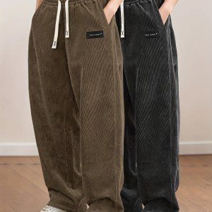 2pcs Women's Corduroy Pants - Wide-Leg Trousers with Elastic Drawstring Waist & Back Pocket, Corduroy Texture