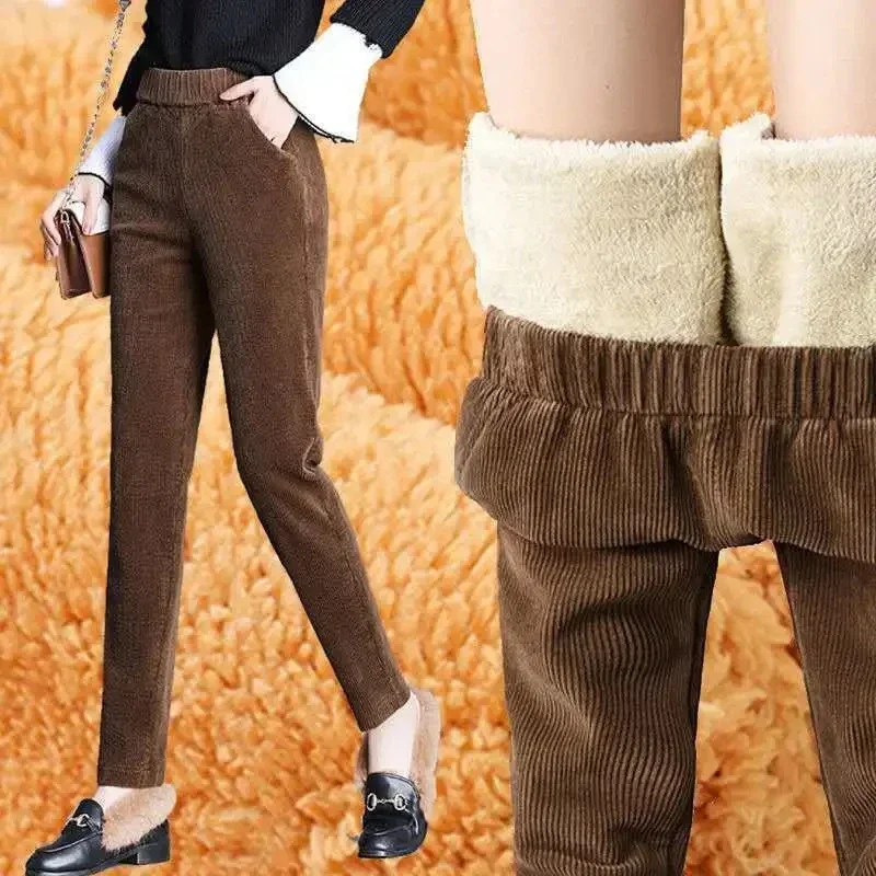 Women Corduroy Warm Pants Thick Plush Casual Pants Leggings High Waist Harem Pants Trousers - Image 2
