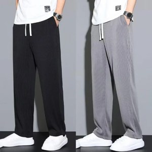 Straight Pants Men Loose Drape Ice Silk Pants Elastic Wide Leg Ribbed Ultra-thin Sports Pants Casual Trousers Streetwear