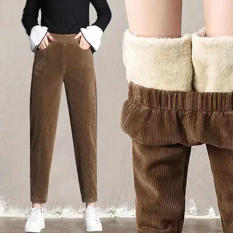 Women Corduroy Warm Pants Thick Plush Casual Pants Leggings High Waist Harem Pants Trousers