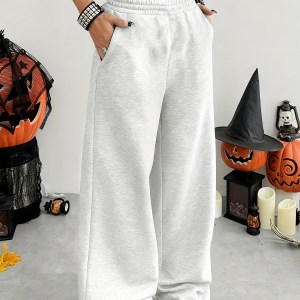 Women'S Casual Wide-Leg Joggers with Elastic Waistband Pockets Solid Color Stretchy Comfort Fit All-Season Comfort