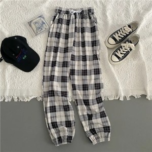 Harajuku Pants for Women Drawstring Black Plaid Pocket High-Waisted Slimming Pants Harajuku High Street Trousers