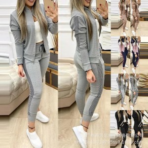 Women Trouser Set O Neck Zippers Lace-up Solid Color Long Sleeve Pencil Pants Casual Fashion Comfortable Regular