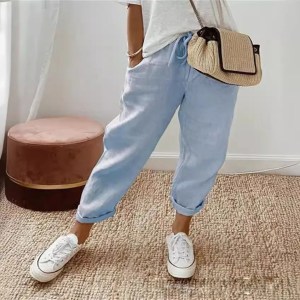 Straight Pants Women Drawstring Lace Up Elastic Waist Pockets Slacks Female Casual Streetwear Basics Ankle Length Trousers