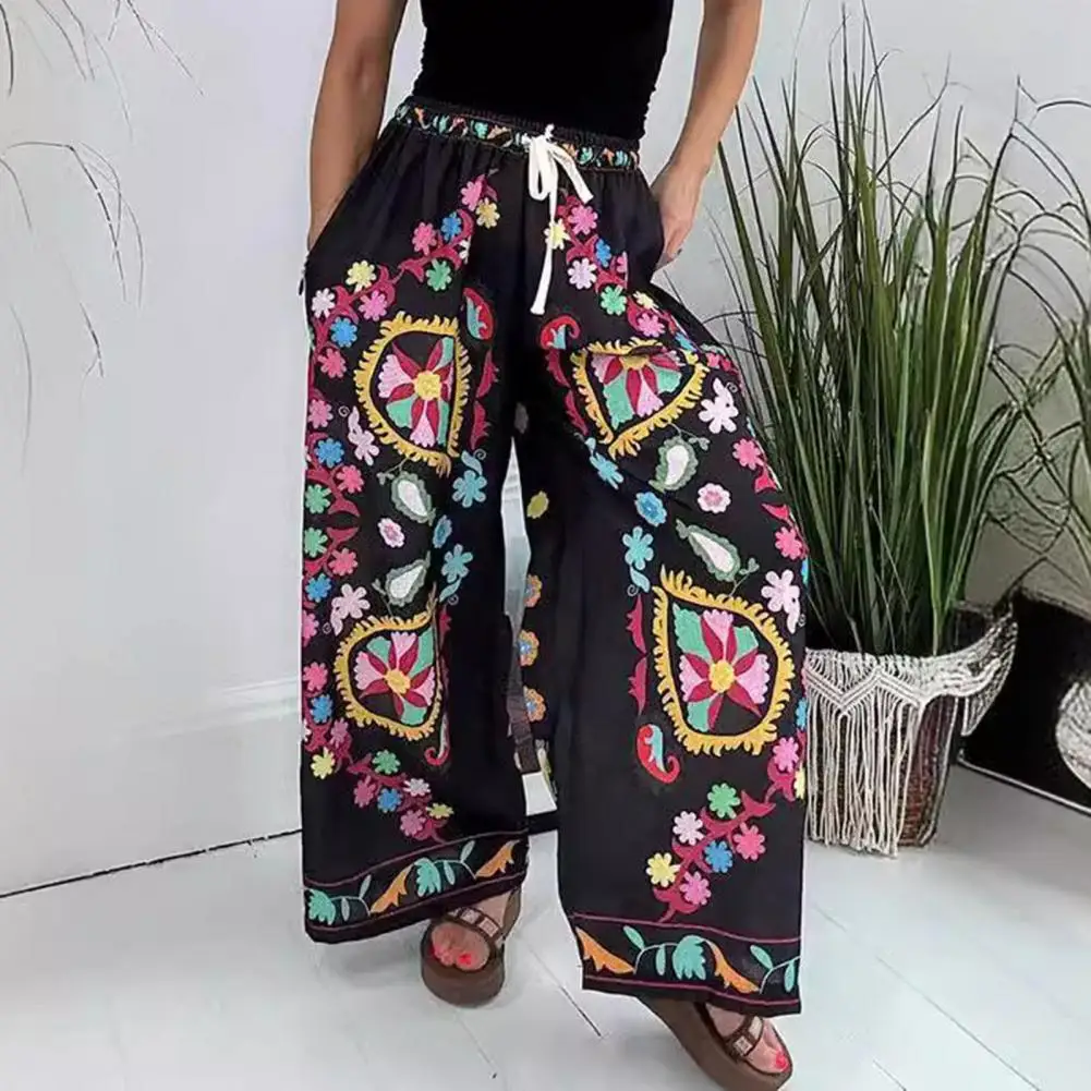 Imitation Denim Pocket Pants Exaggerated Printed Design Wide-leg Trousers Women's Elastic Waist Pants with Pockets Imitation - Image 2