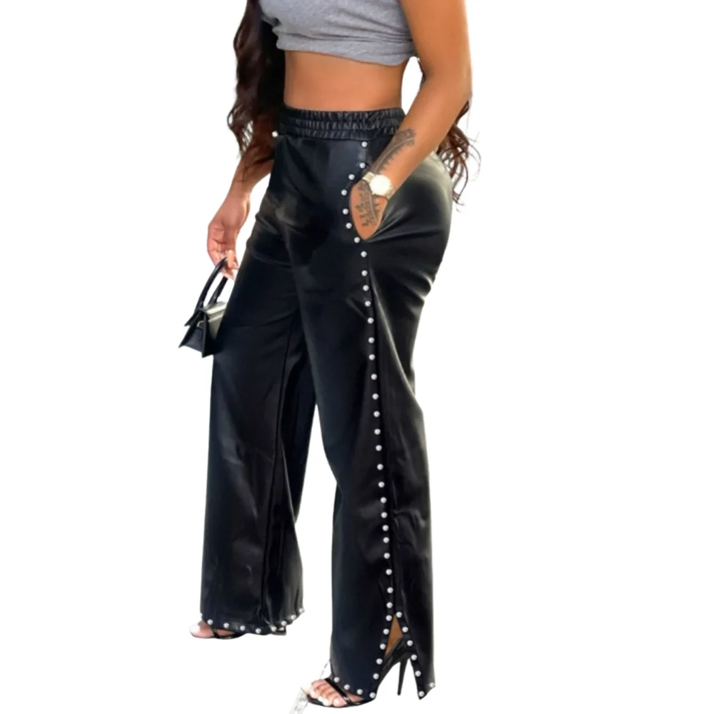 Women's Trousers Fashion Casual Commuting Solid Color Beaded Decoration High Waist Loose Wide Leg Slit Pocket PU Leather Pants - Image 3